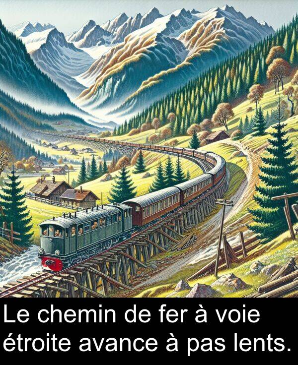 voie: Le chemin de fer à voie étroite avance à pas lents.