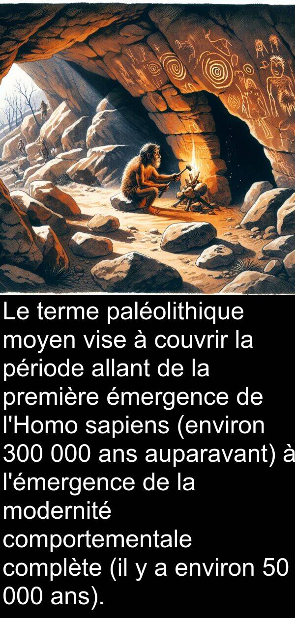 allant: Le terme paléolithique moyen vise à couvrir la période allant de la première émergence de l'Homo sapiens (environ 300 000 ans auparavant) à l'émergence de la modernité comportementale complète (il y a environ 50 000 ans).