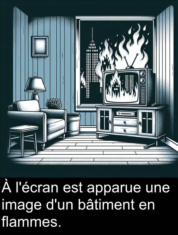 image: À l'écran est apparue une image d'un bâtiment en flammes.