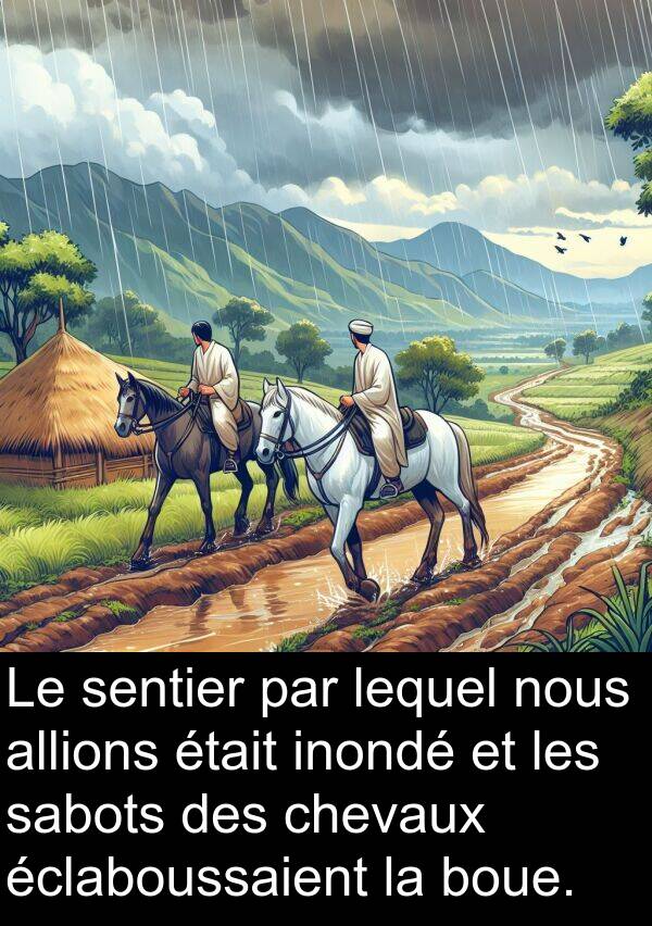 sabots: Le sentier par lequel nous allions était inondé et les sabots des chevaux éclaboussaient la boue.