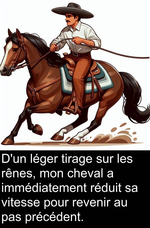 immédiatement: D'un léger tirage sur les rênes, mon cheval a immédiatement réduit sa vitesse pour revenir au pas précédent.