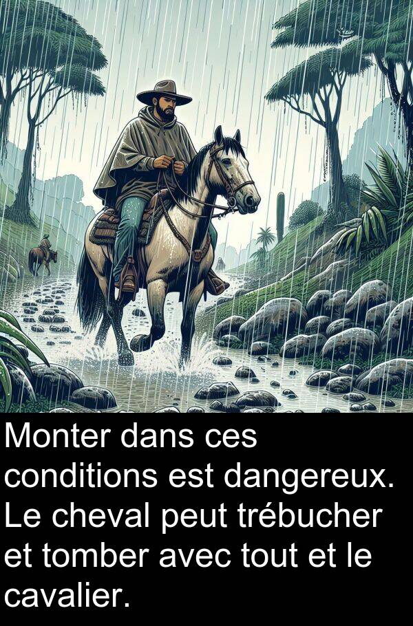 dangereux: Monter dans ces conditions est dangereux. Le cheval peut trébucher et tomber avec tout et le cavalier.