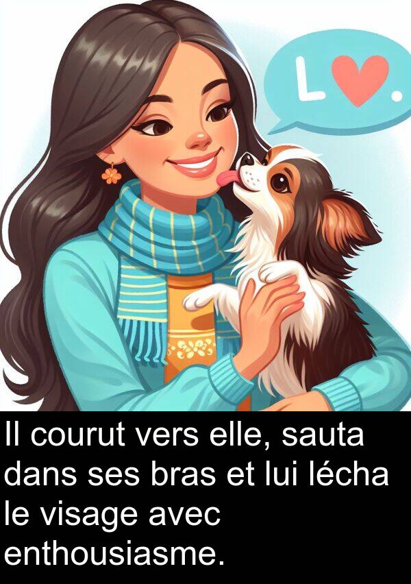 lécha: Il courut vers elle, sauta dans ses bras et lui lécha le visage avec enthousiasme.