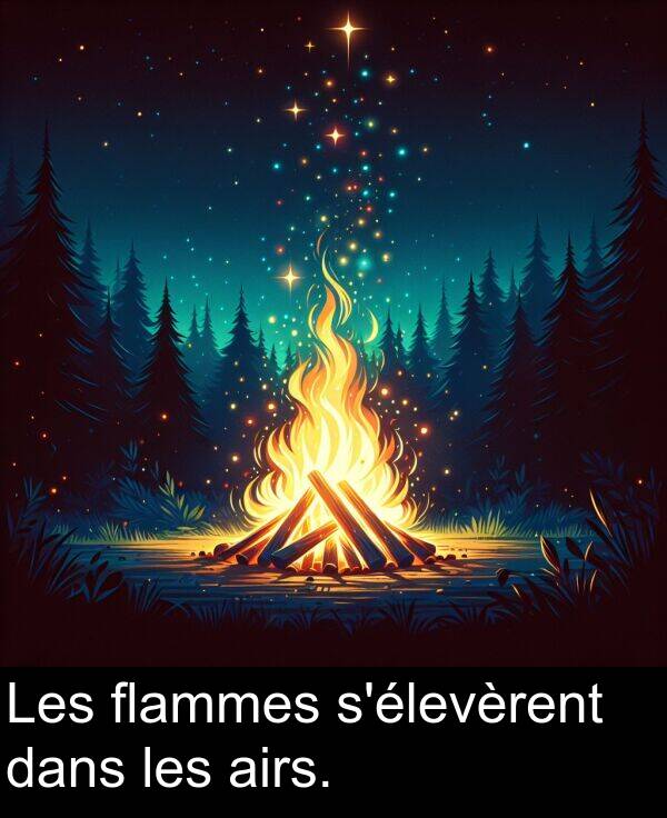 les: Les flammes s'élevèrent dans les airs.