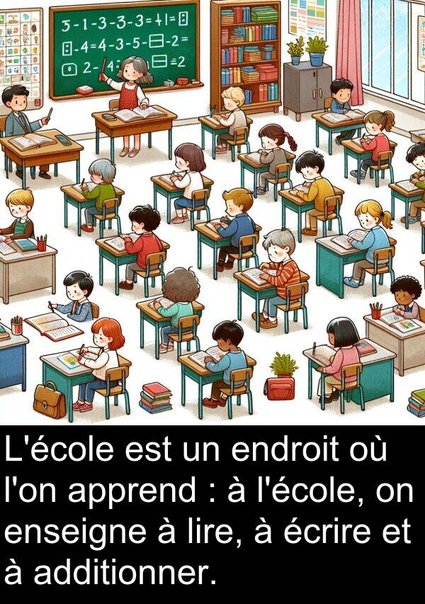 écrire: L'école est un endroit où l'on apprend : à l'école, on enseigne à lire, à écrire et à additionner.