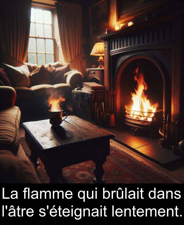 lentement: La flamme qui brûlait dans l'âtre s'éteignait lentement.
