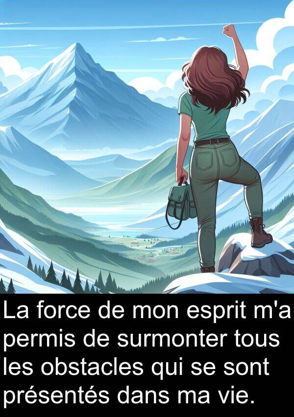 obstacles: La force de mon esprit m'a permis de surmonter tous les obstacles qui se sont présentés dans ma vie.
