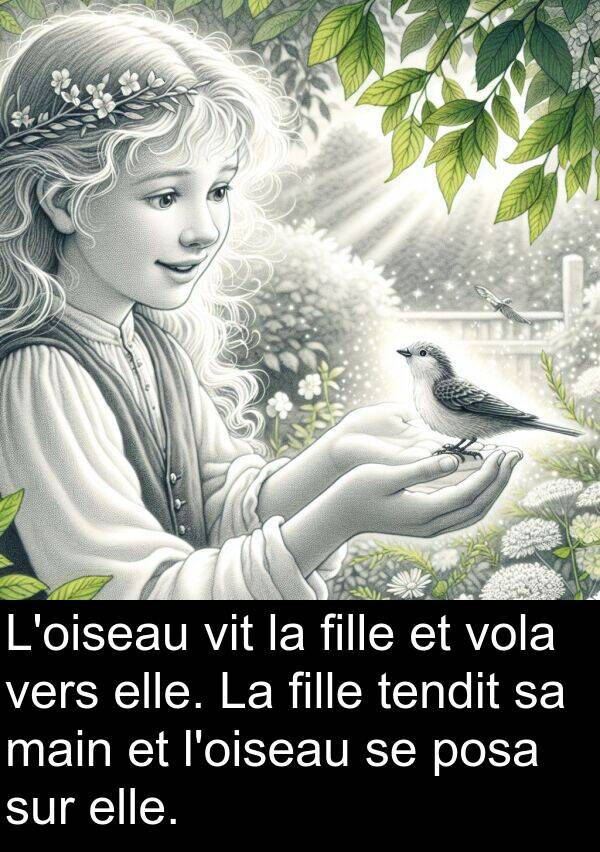 tendit: L'oiseau vit la fille et vola vers elle. La fille tendit sa main et l'oiseau se posa sur elle.