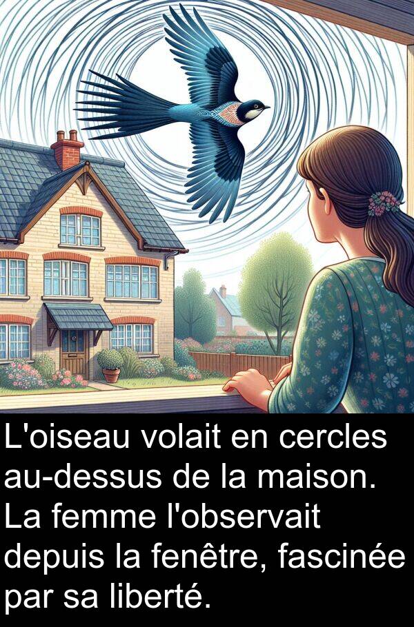 fascinée: L'oiseau volait en cercles au-dessus de la maison. La femme l'observait depuis la fenêtre, fascinée par sa liberté.