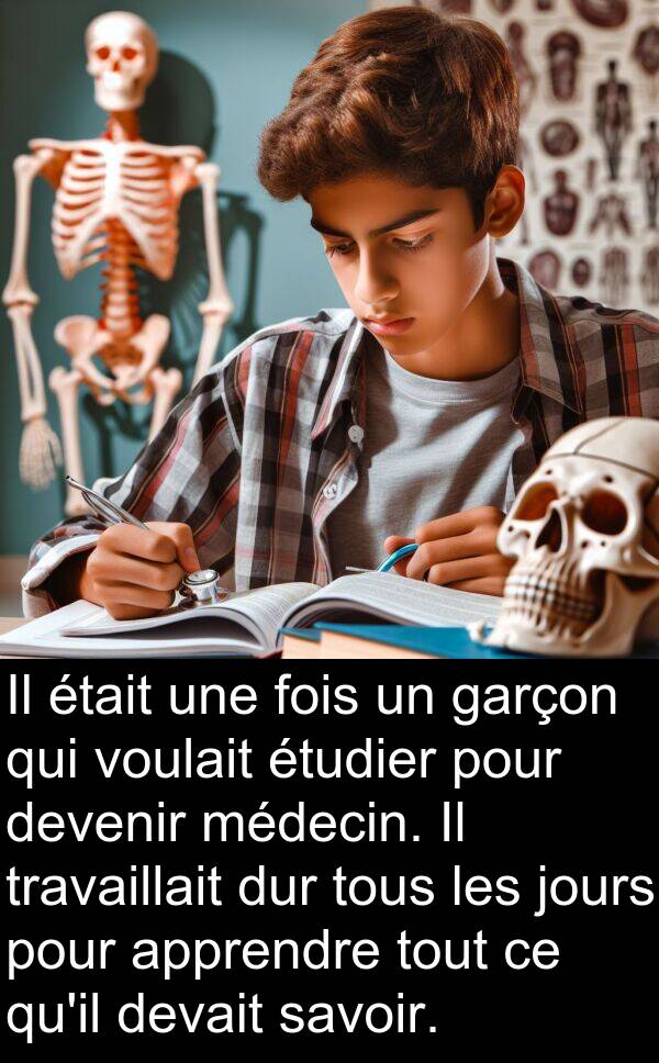 savoir: Il était une fois un garçon qui voulait étudier pour devenir médecin. Il travaillait dur tous les jours pour apprendre tout ce qu'il devait savoir.