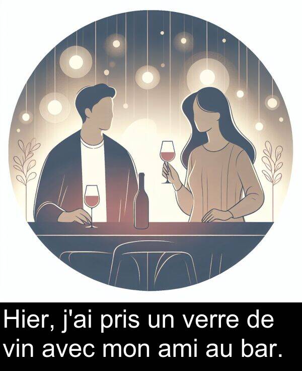 verre: Hier, j'ai pris un verre de vin avec mon ami au bar.
