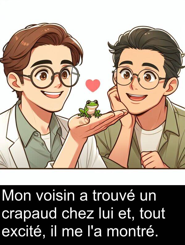 trouvé: Mon voisin a trouvé un crapaud chez lui et, tout excité, il me l'a montré.