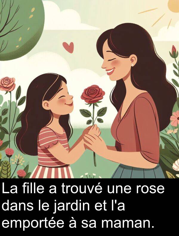 trouvé: La fille a trouvé une rose dans le jardin et l'a emportée à sa maman.
