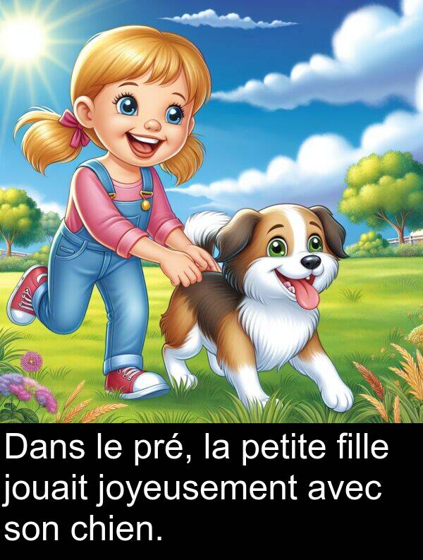 joyeusement: Dans le pré, la petite fille jouait joyeusement avec son chien.