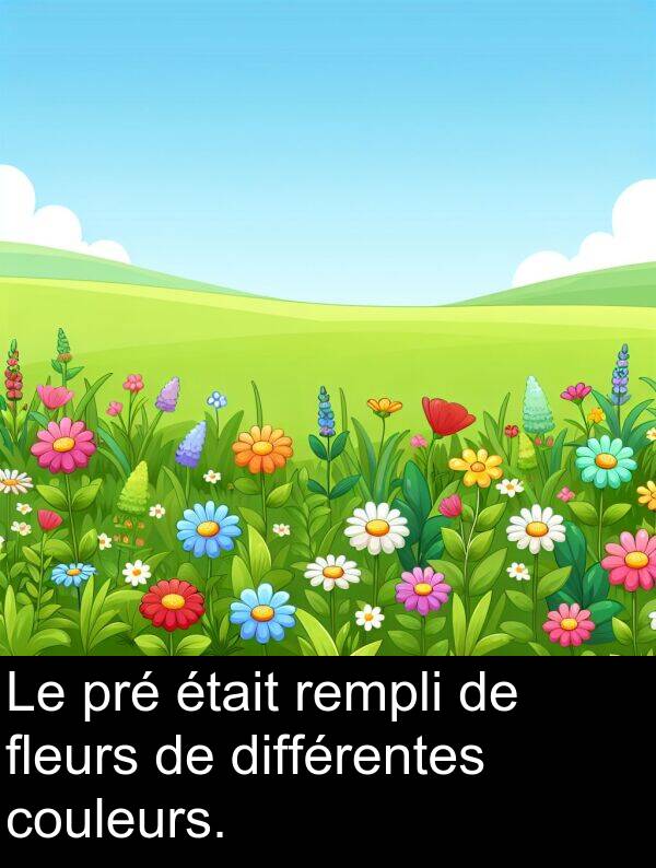 couleurs: Le pré était rempli de fleurs de différentes couleurs.