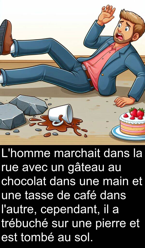 gâteau: L'homme marchait dans la rue avec un gâteau au chocolat dans une main et une tasse de café dans l'autre, cependant, il a trébuché sur une pierre et est tombé au sol.