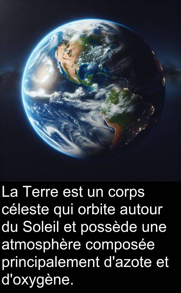 atmosphère: La Terre est un corps céleste qui orbite autour du Soleil et possède une atmosphère composée principalement d'azote et d'oxygène.