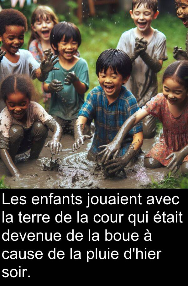 jouaient: Les enfants jouaient avec la terre de la cour qui était devenue de la boue à cause de la pluie d'hier soir.