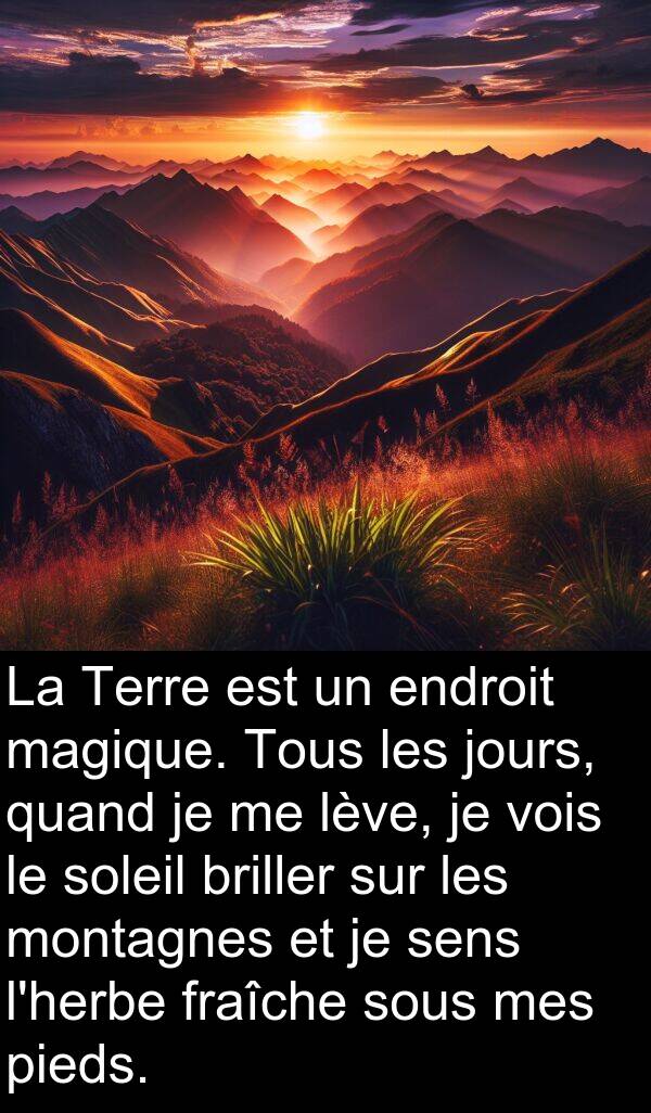 lève: La Terre est un endroit magique. Tous les jours, quand je me lève, je vois le soleil briller sur les montagnes et je sens l'herbe fraîche sous mes pieds.
