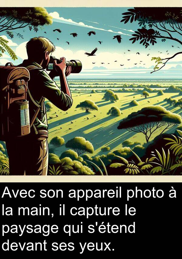 appareil: Avec son appareil photo à la main, il capture le paysage qui s'étend devant ses yeux.