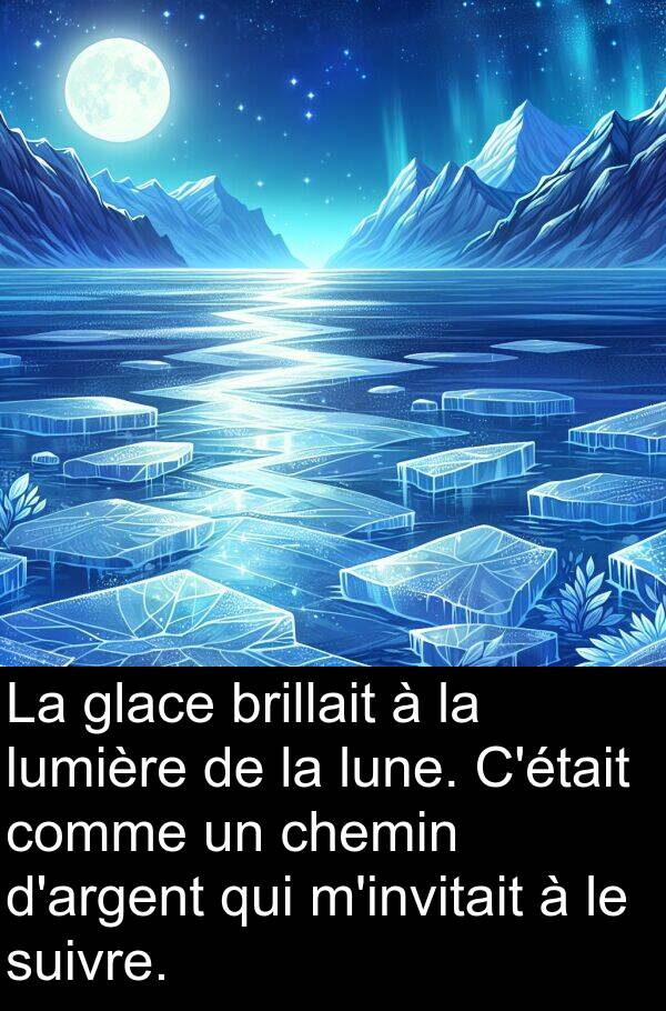 lune: La glace brillait à la lumière de la lune. C'était comme un chemin d'argent qui m'invitait à le suivre.