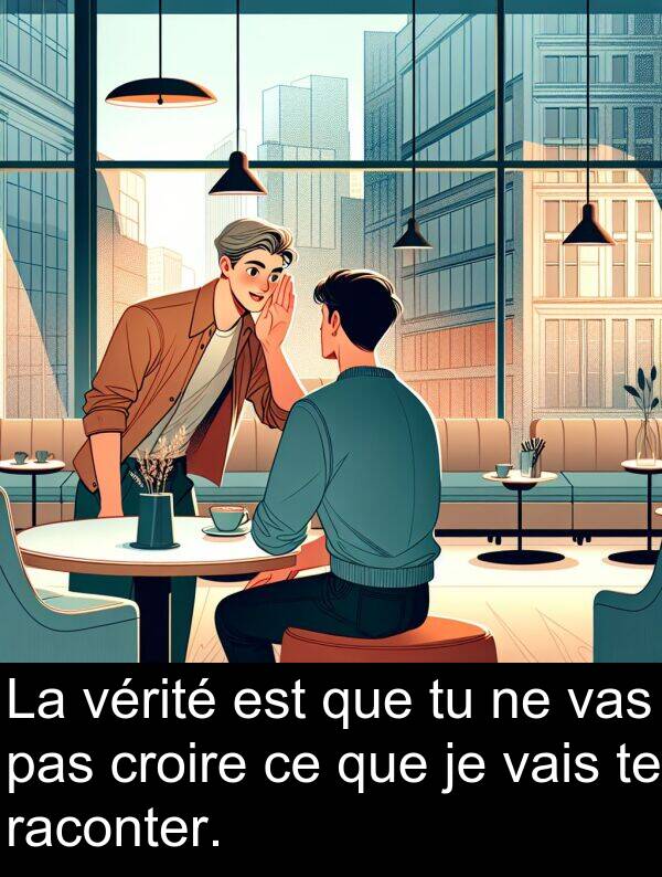 raconter: La vérité est que tu ne vas pas croire ce que je vais te raconter.