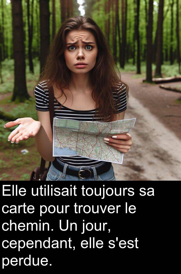 trouver: Elle utilisait toujours sa carte pour trouver le chemin. Un jour, cependant, elle s'est perdue.