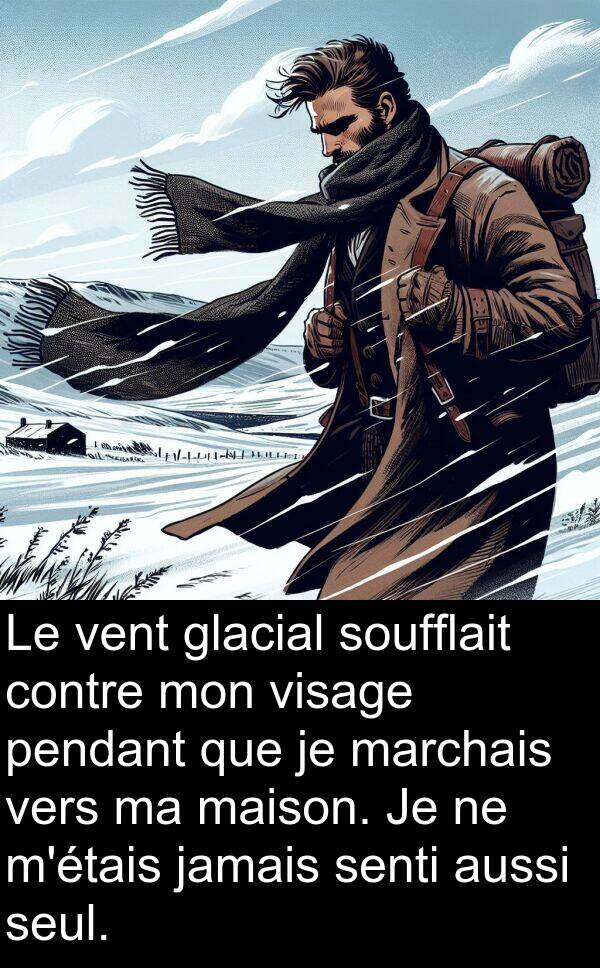seul: Le vent glacial soufflait contre mon visage pendant que je marchais vers ma maison. Je ne m'étais jamais senti aussi seul.