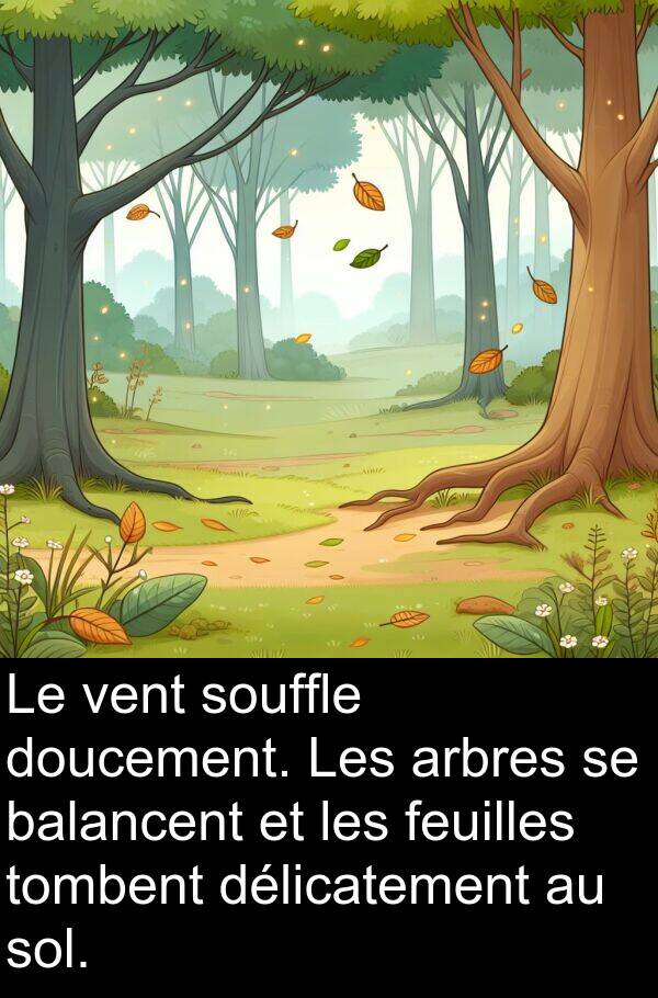 vent: Le vent souffle doucement. Les arbres se balancent et les feuilles tombent délicatement au sol.