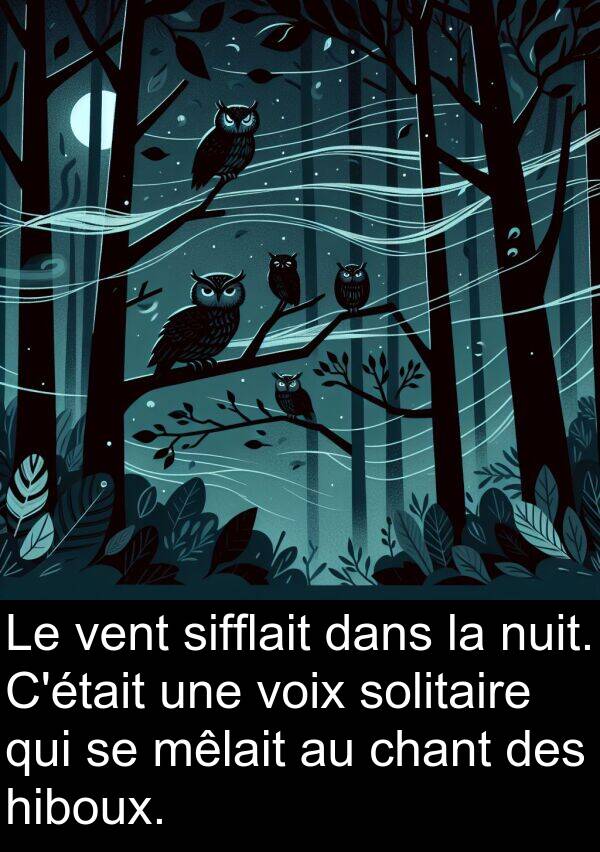 hiboux: Le vent sifflait dans la nuit. C'était une voix solitaire qui se mêlait au chant des hiboux.