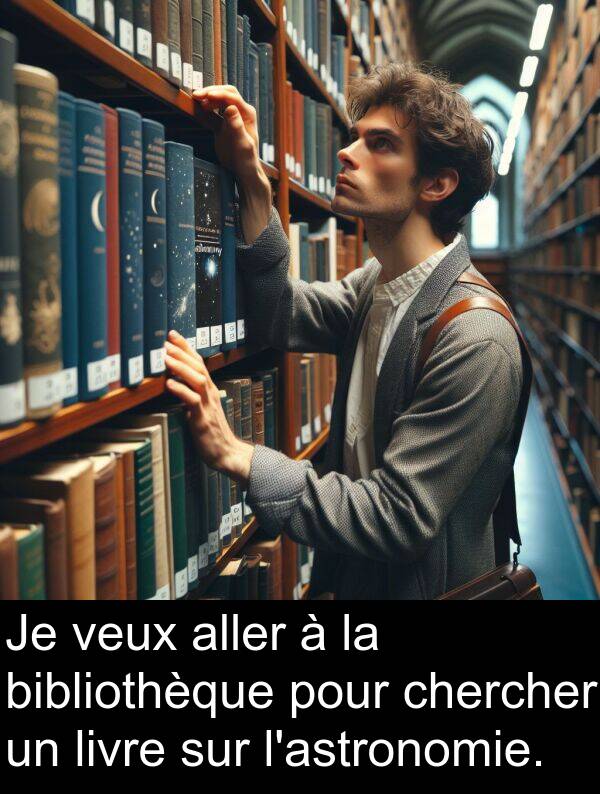 bibliothèque: Je veux aller à la bibliothèque pour chercher un livre sur l'astronomie.