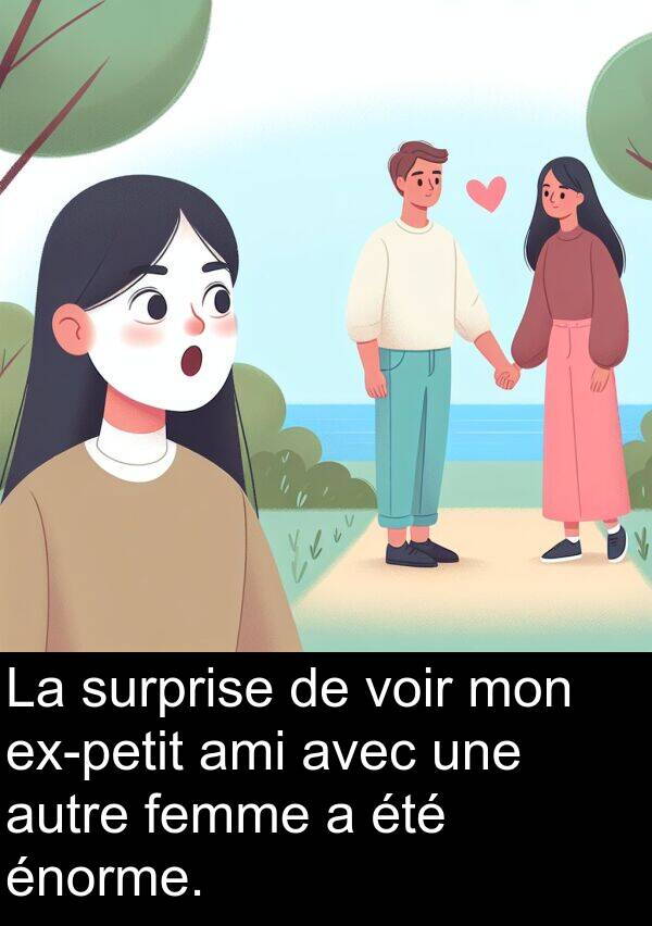 autre: La surprise de voir mon ex-petit ami avec une autre femme a été énorme.