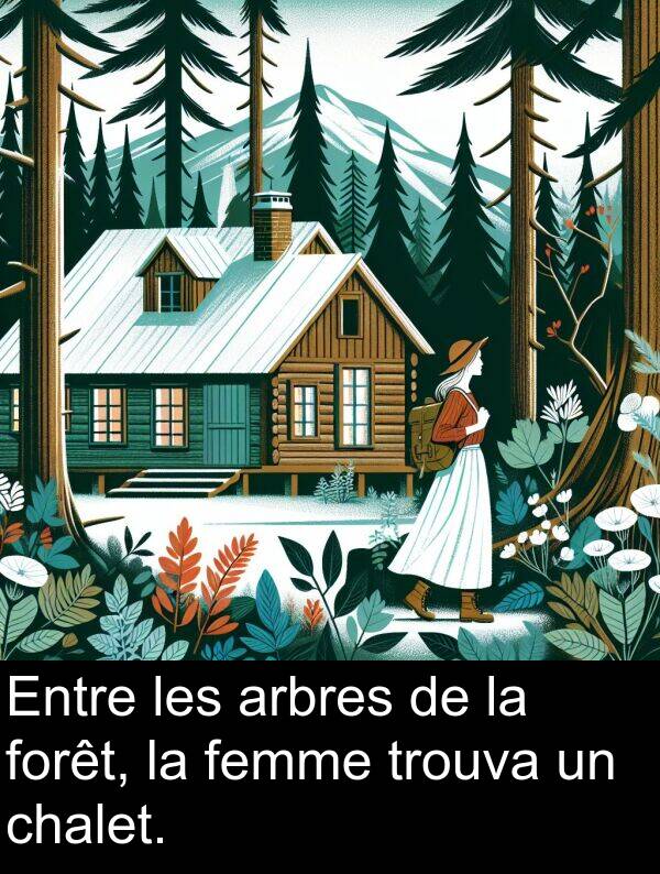 femme: Entre les arbres de la forêt, la femme trouva un chalet.