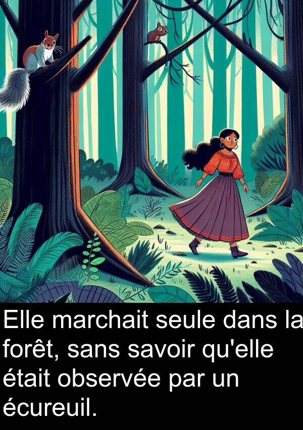 savoir: Elle marchait seule dans la forêt, sans savoir qu'elle était observée par un écureuil.