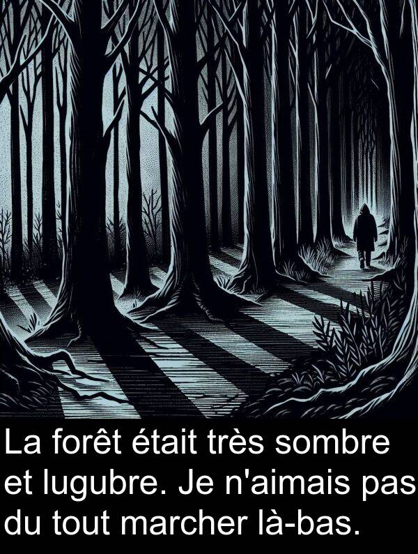 lugubre: La forêt était très sombre et lugubre. Je n'aimais pas du tout marcher là-bas.