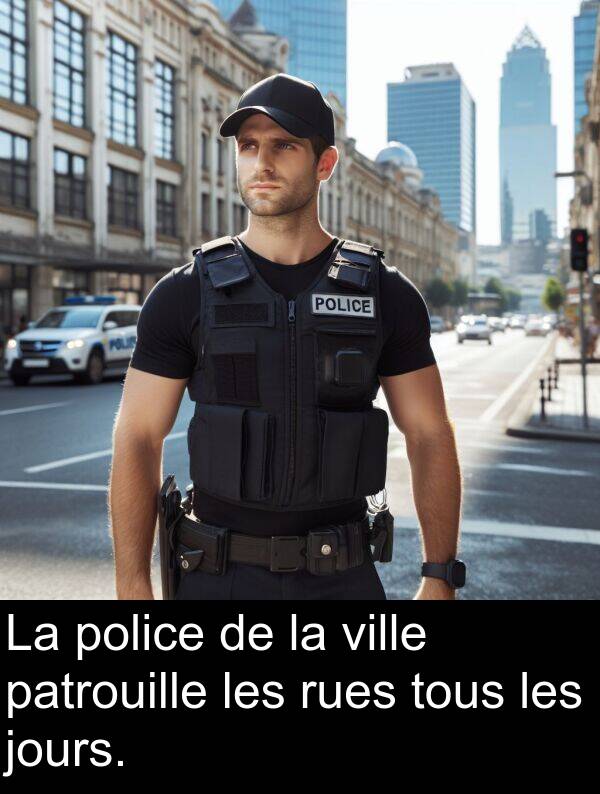 jours: La police de la ville patrouille les rues tous les jours.