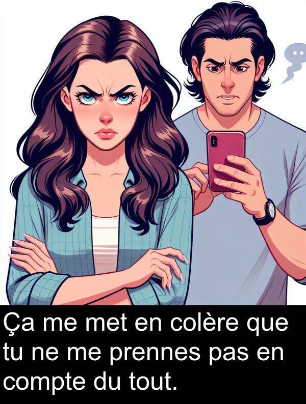 compte: Ça me met en colère que tu ne me prennes pas en compte du tout.