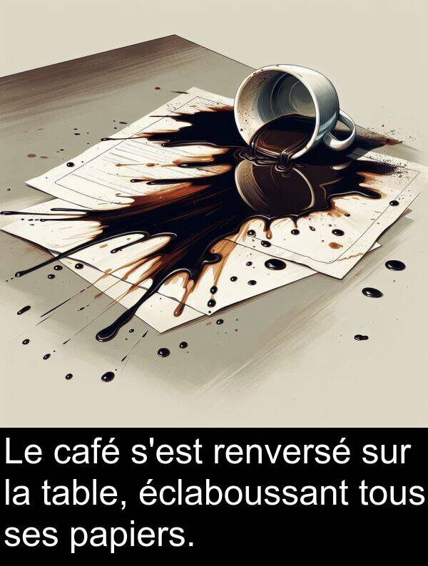 éclaboussant: Le café s'est renversé sur la table, éclaboussant tous ses papiers.