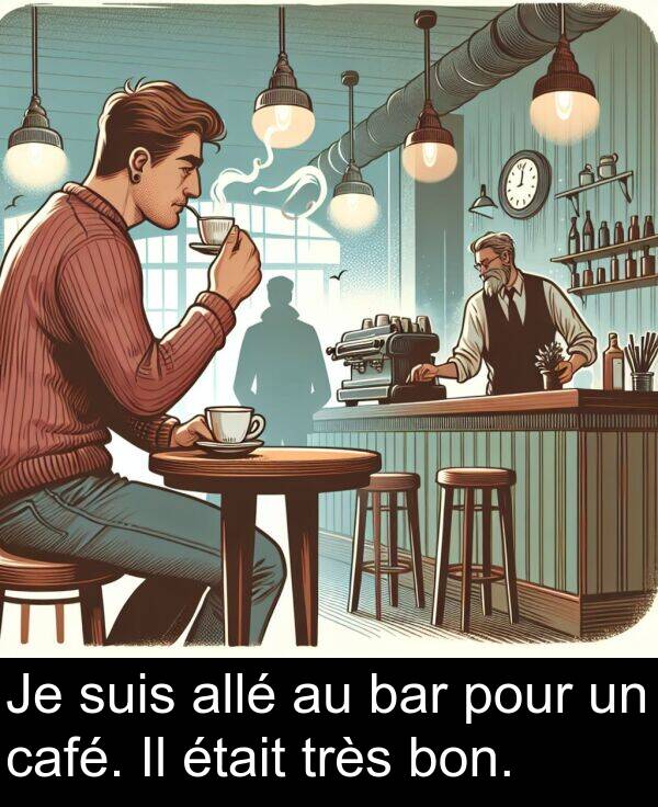 suis: Je suis allé au bar pour un café. Il était très bon.