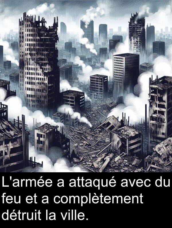attaqué: L'armée a attaqué avec du feu et a complètement détruit la ville.