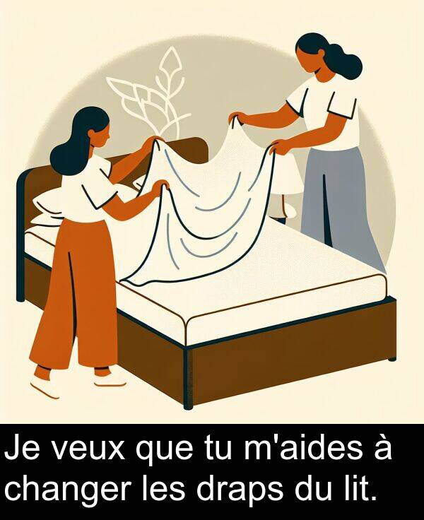 que: Je veux que tu m'aides à changer les draps du lit.