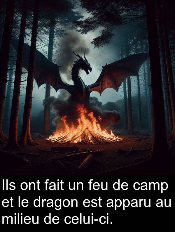fait: Ils ont fait un feu de camp et le dragon est apparu au milieu de celui-ci.