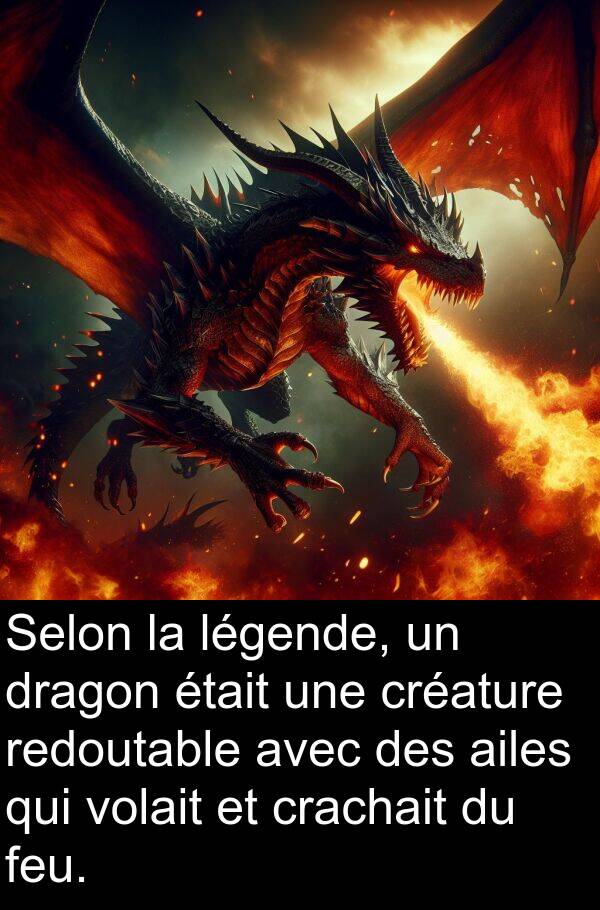 redoutable: Selon la légende, un dragon était une créature redoutable avec des ailes qui volait et crachait du feu.