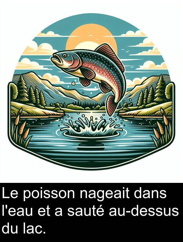 lac: Le poisson nageait dans l'eau et a sauté au-dessus du lac.