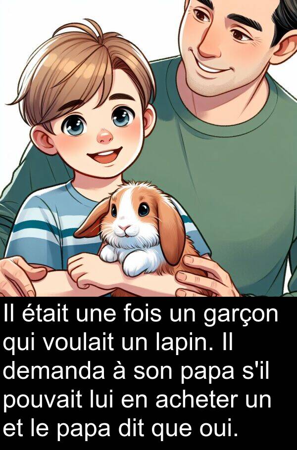 garçon: Il était une fois un garçon qui voulait un lapin. Il demanda à son papa s'il pouvait lui en acheter un et le papa dit que oui.