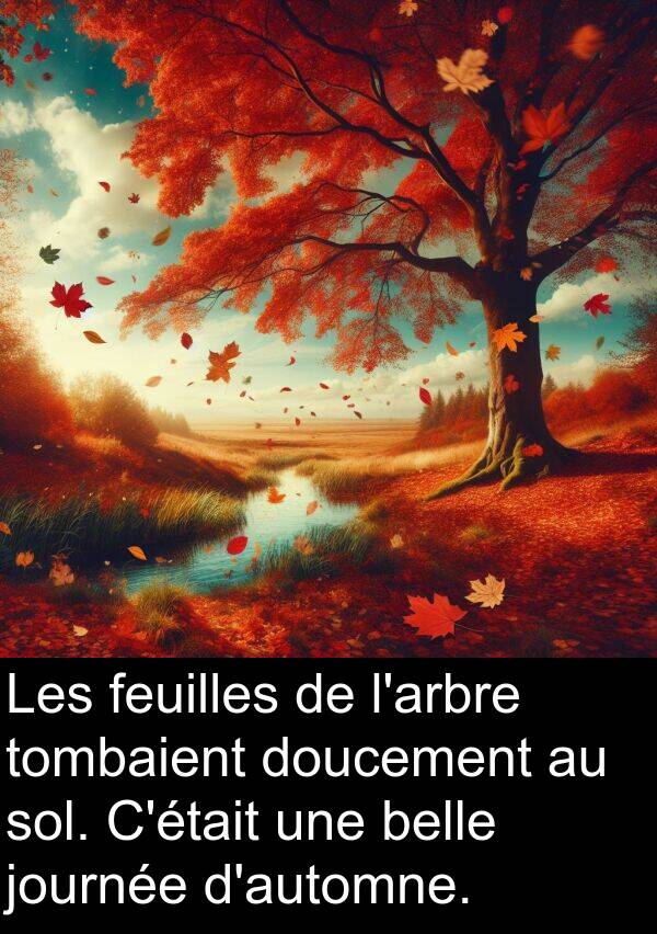 belle: Les feuilles de l'arbre tombaient doucement au sol. C'était une belle journée d'automne.