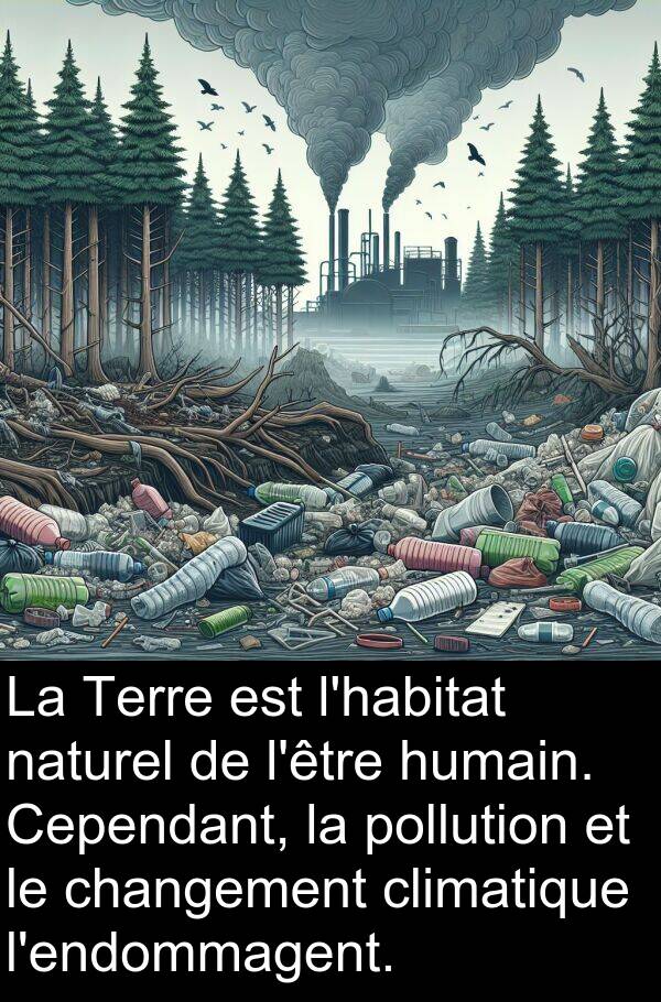 naturel: La Terre est l'habitat naturel de l'être humain. Cependant, la pollution et le changement climatique l'endommagent.