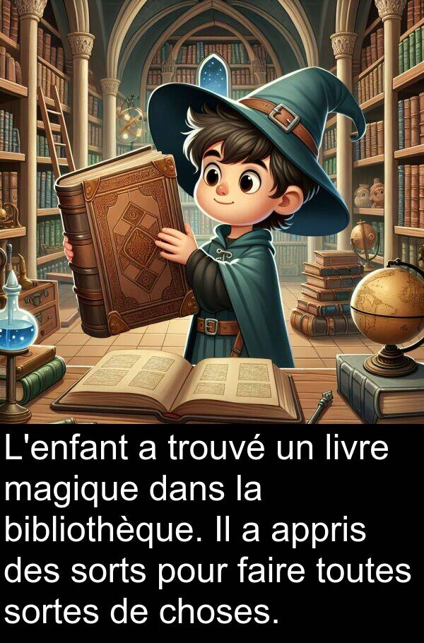 bibliothèque: L'enfant a trouvé un livre magique dans la bibliothèque. Il a appris des sorts pour faire toutes sortes de choses.