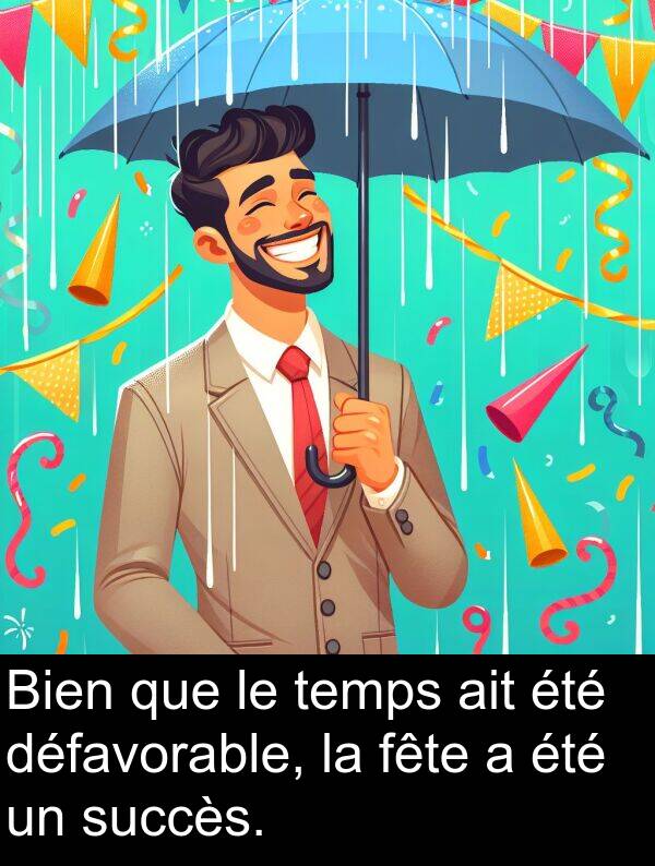 temps: Bien que le temps ait été défavorable, la fête a été un succès.