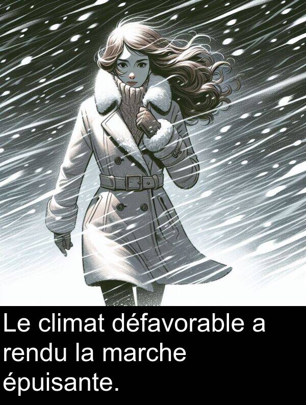 climat: Le climat défavorable a rendu la marche épuisante.